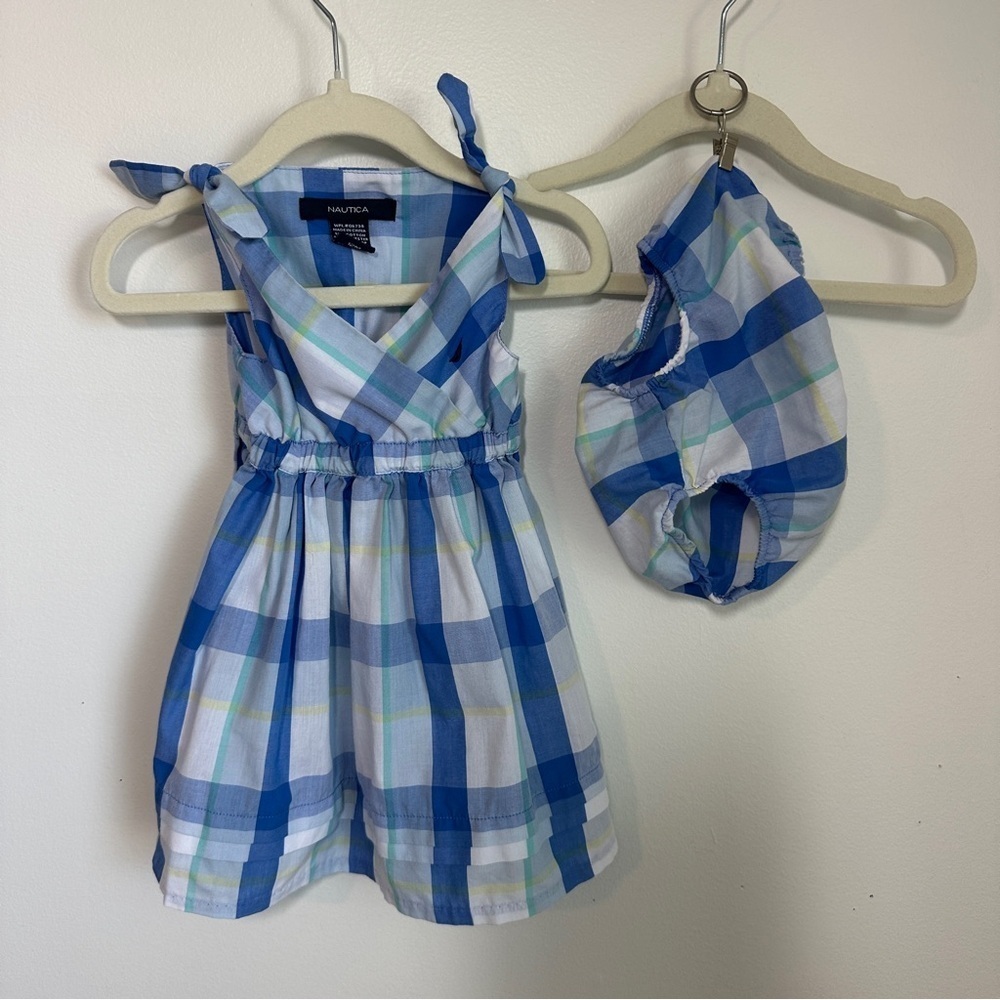 Nautica Baby Girl Blue Plaid Sundress with Bloomers Sz 12M